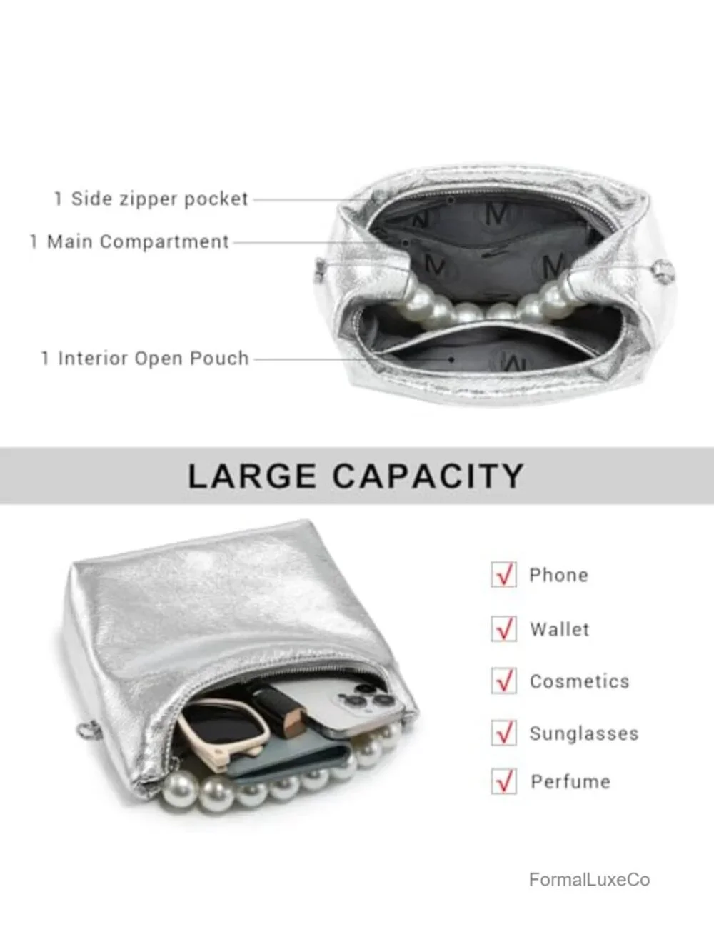 Faux Leather Pearl Handle Evening Clutch Purse with Detachable Chain